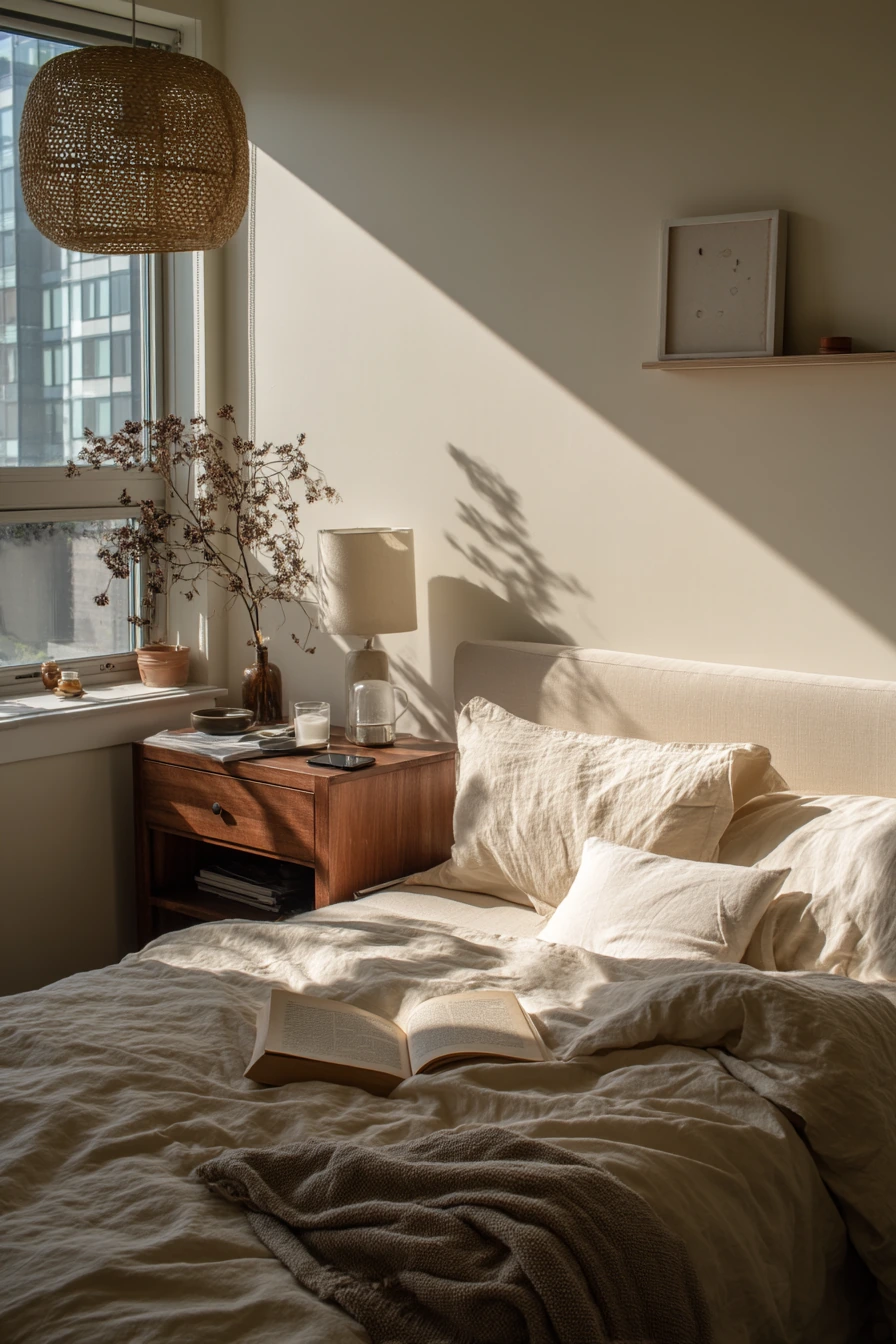 Sunlit Rental Bedroom with Soft Layers