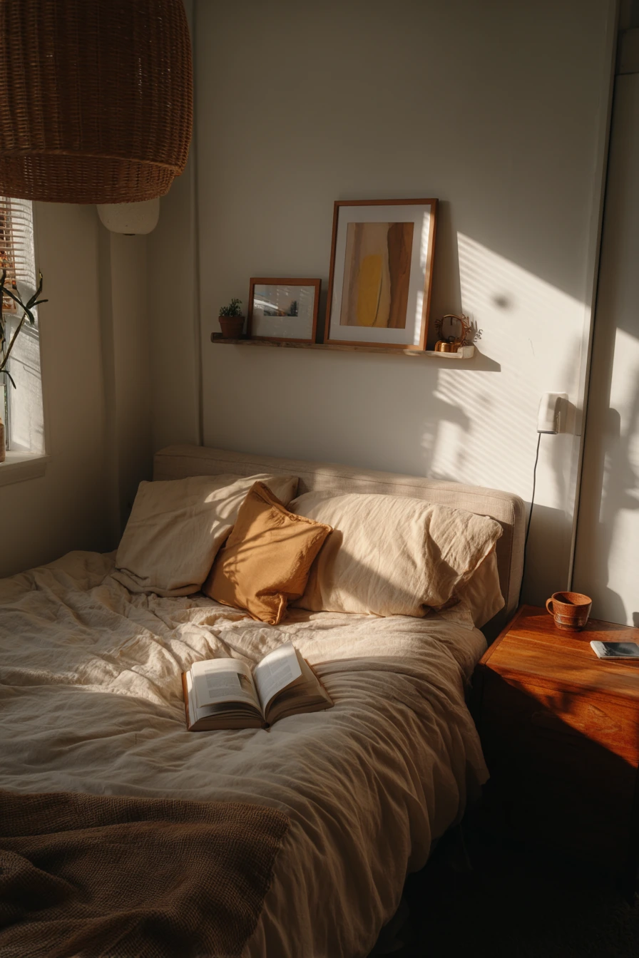 Sunlit Rental Bedroom with Soft Layers