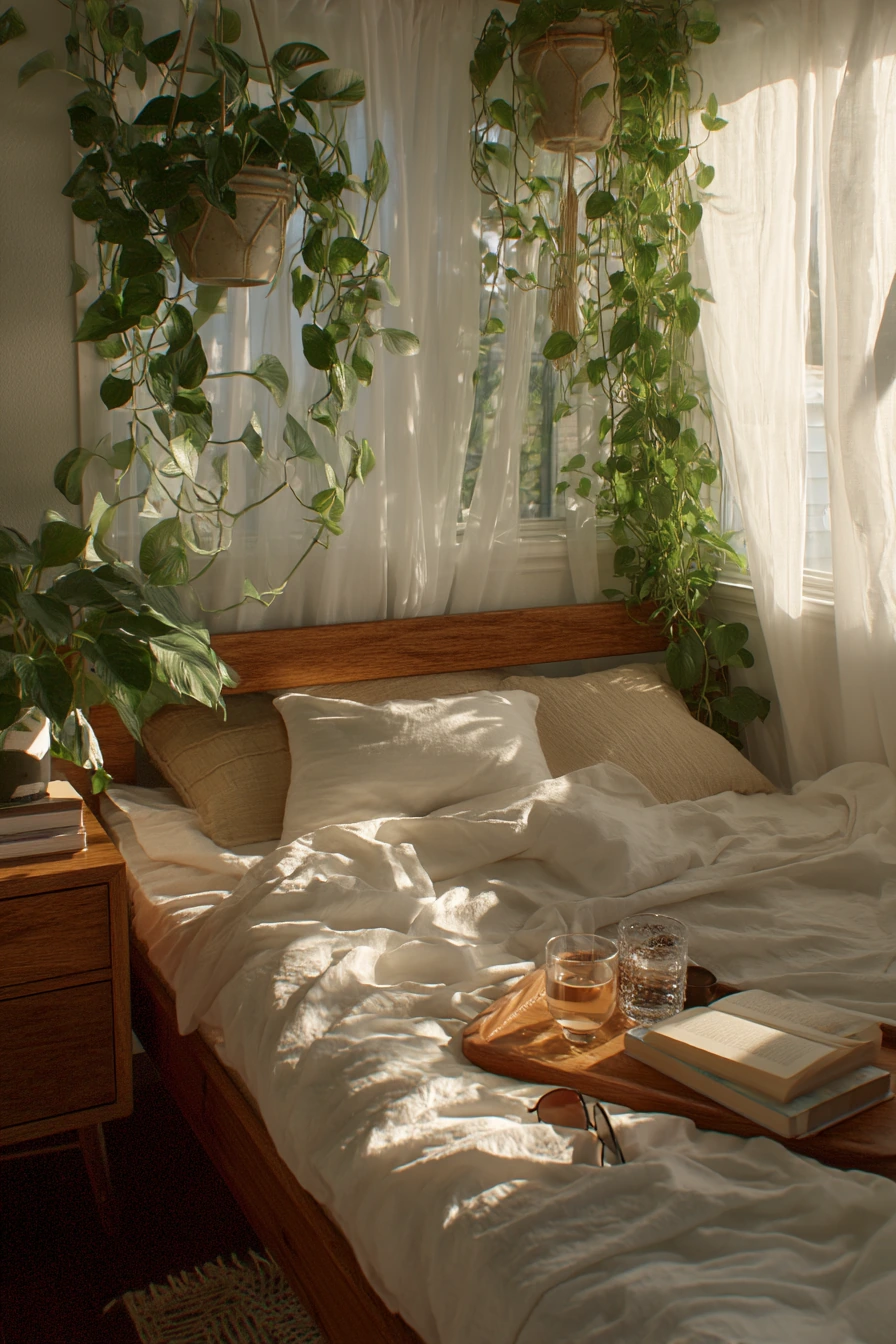 Plant-Filled Bedroom with Morning Rituals