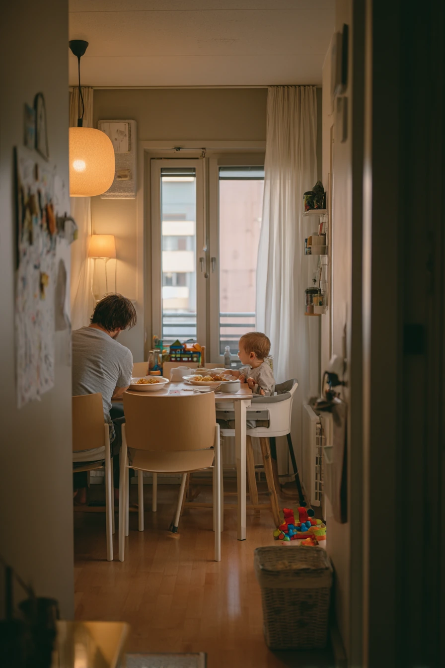 Family Dinner in a Narrow Dining Space