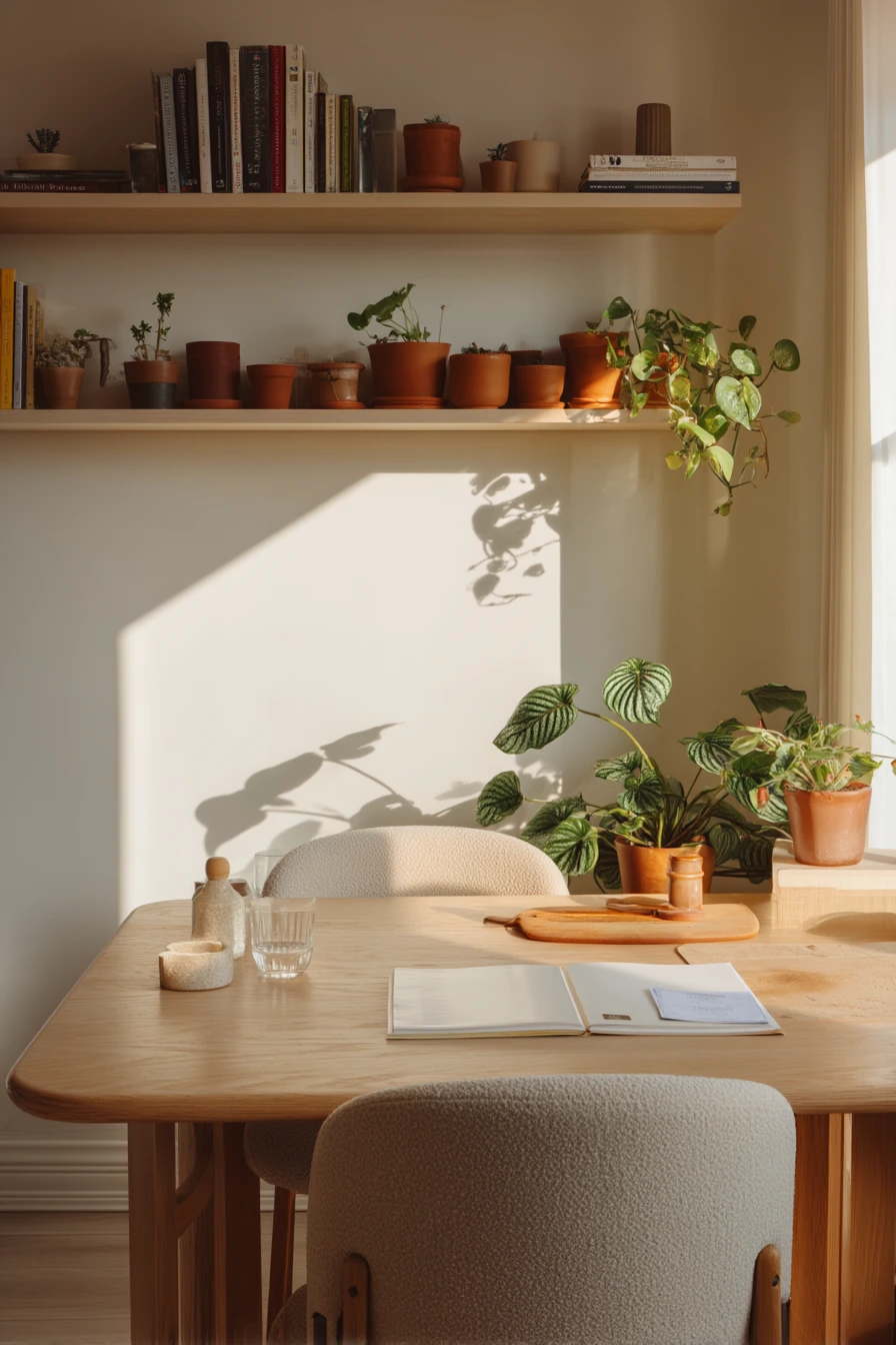 Soft Neutral Dining Space with Plants
