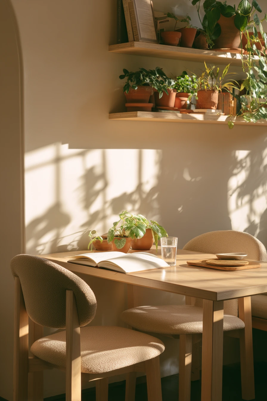 Soft Neutral Dining Space with Plants