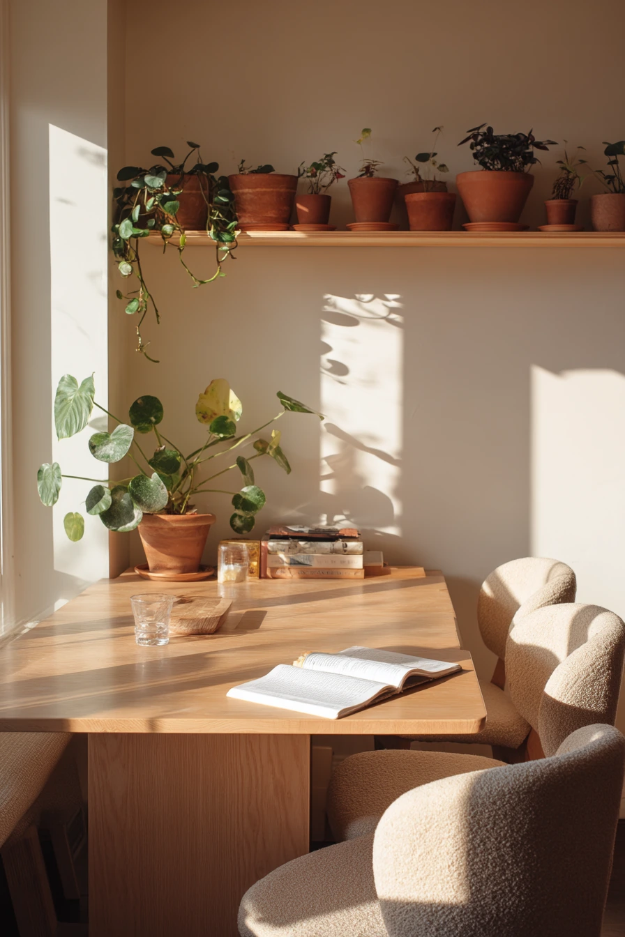 Soft Neutral Dining Space with Plants