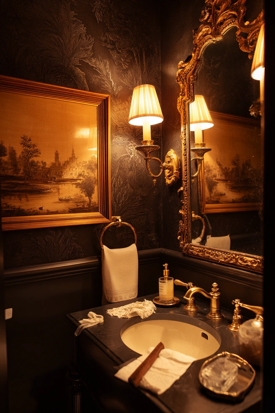Moody Powder Room with Vintage Sconces