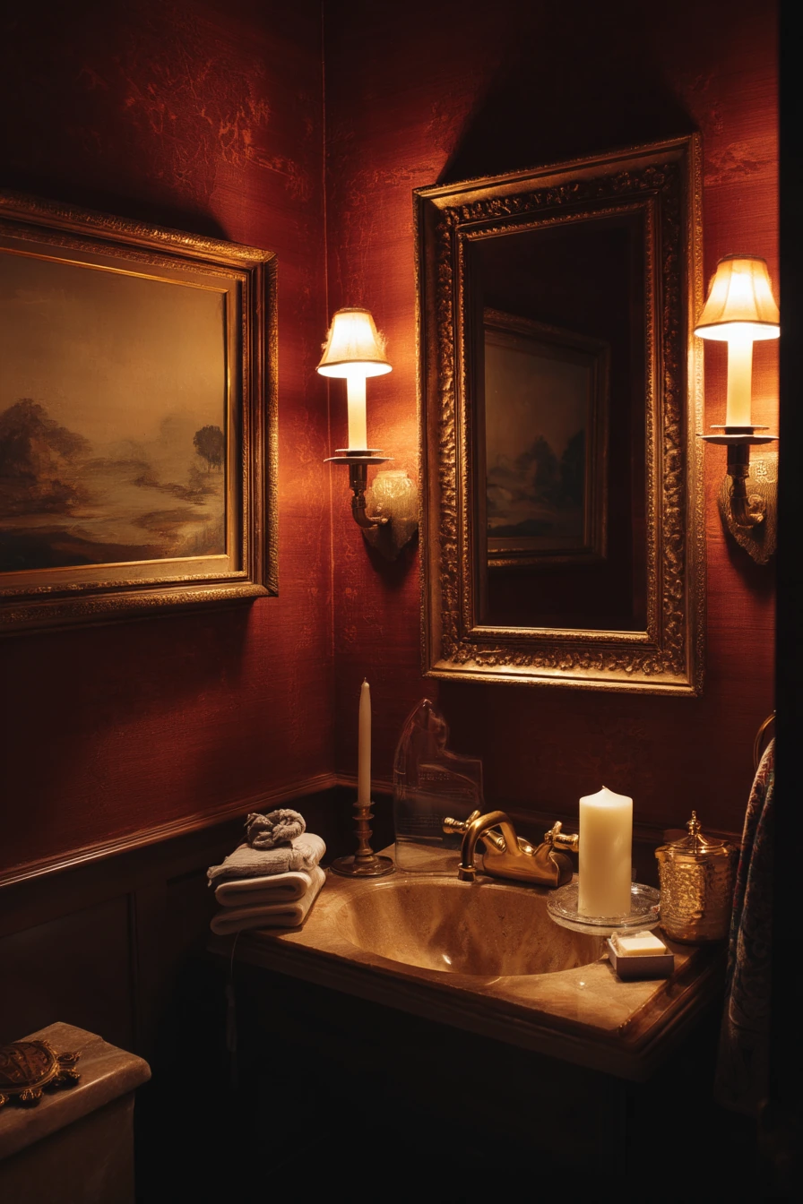 Moody Powder Room with Vintage Sconces