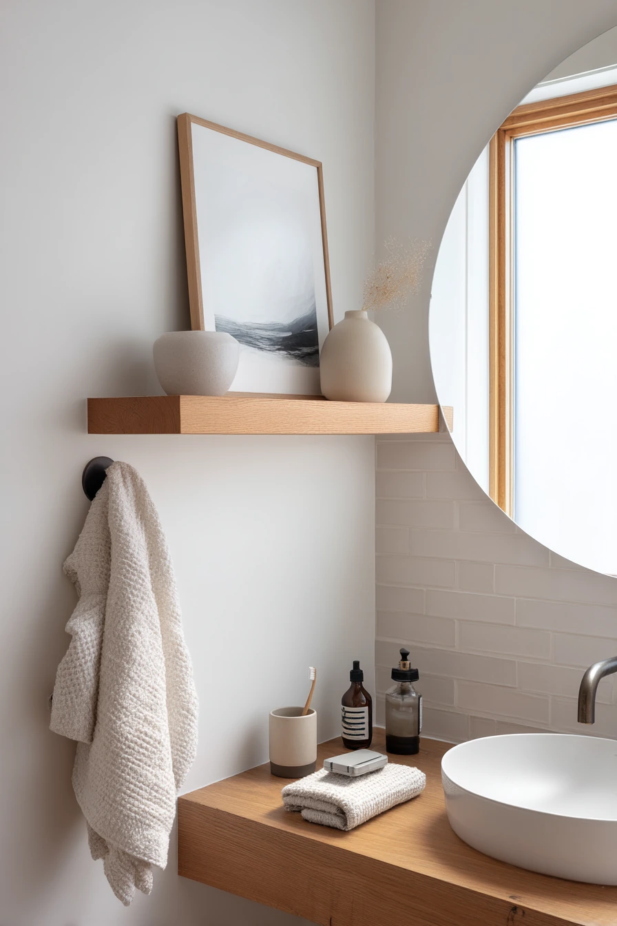 Minimal Bath with Sculptural Wall Shelf