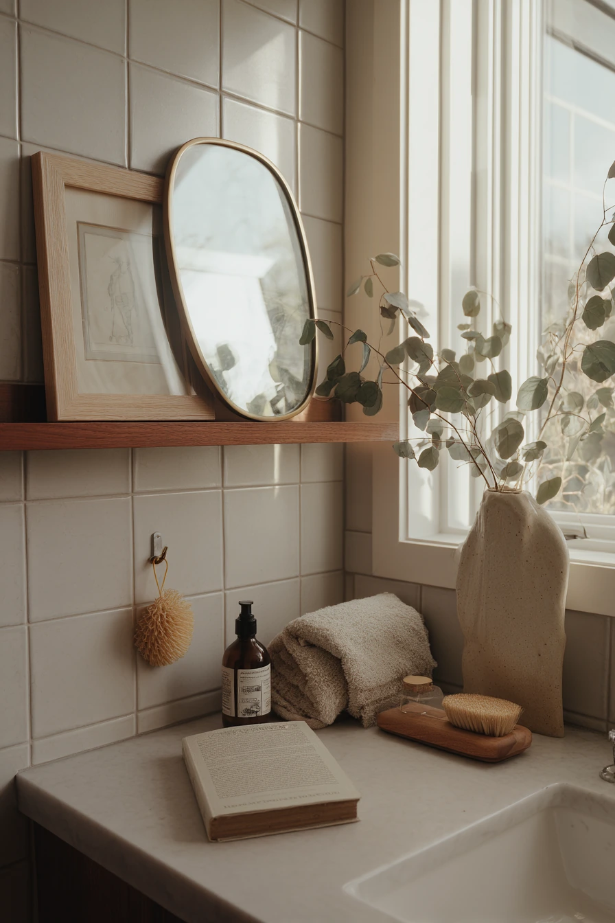 Renter-Friendly Spa Corner with Leaning Art