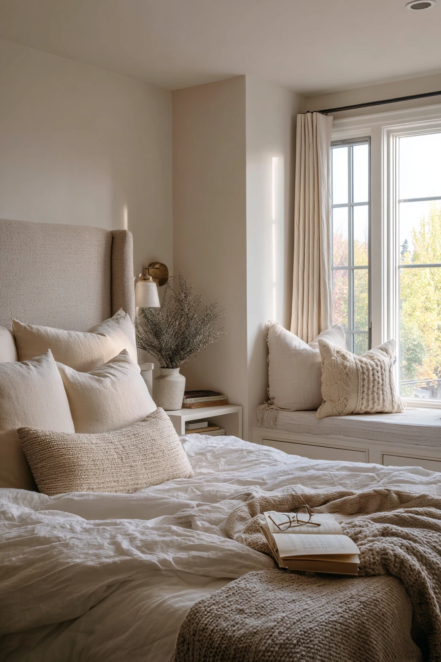 Elegant Neutral Bedroom with a Reading Nook