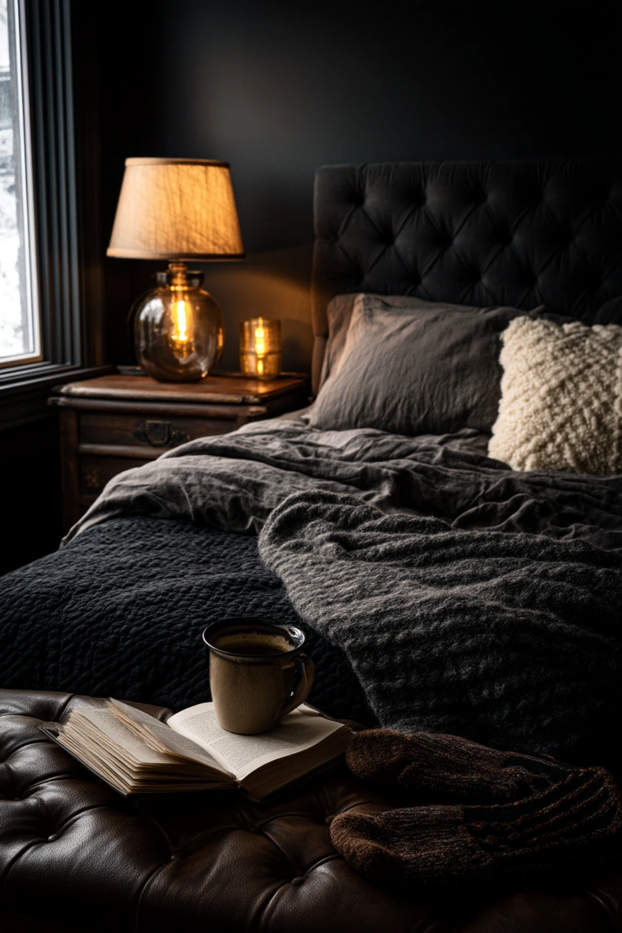 Black Bedroom with Warm Layers for Winter