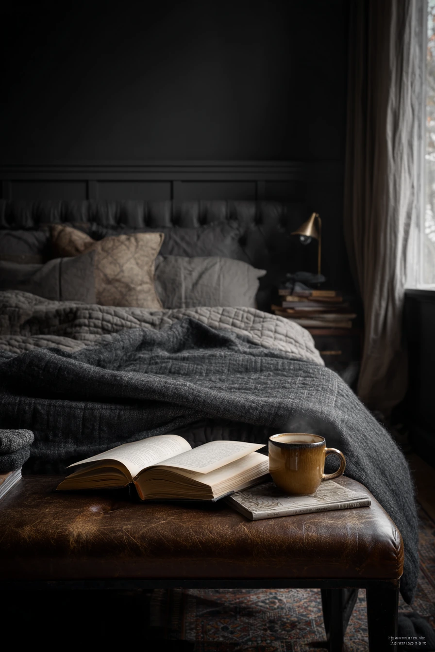 Black Bedroom with Warm Layers for Winter