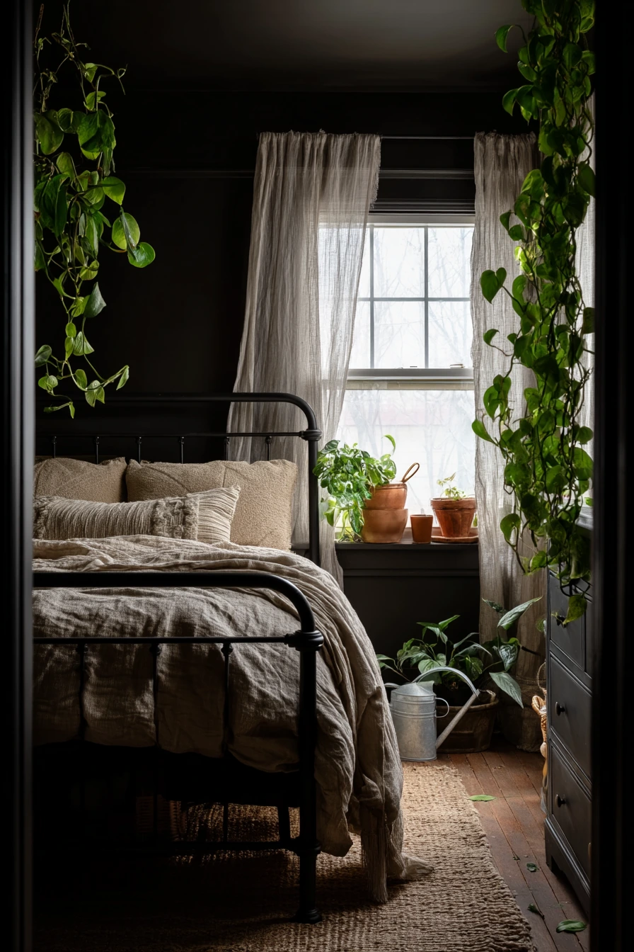 Black Bedroom with Plants and Soft Contrast