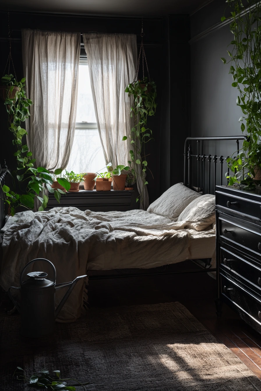 Black Bedroom with Plants and Soft Contrast