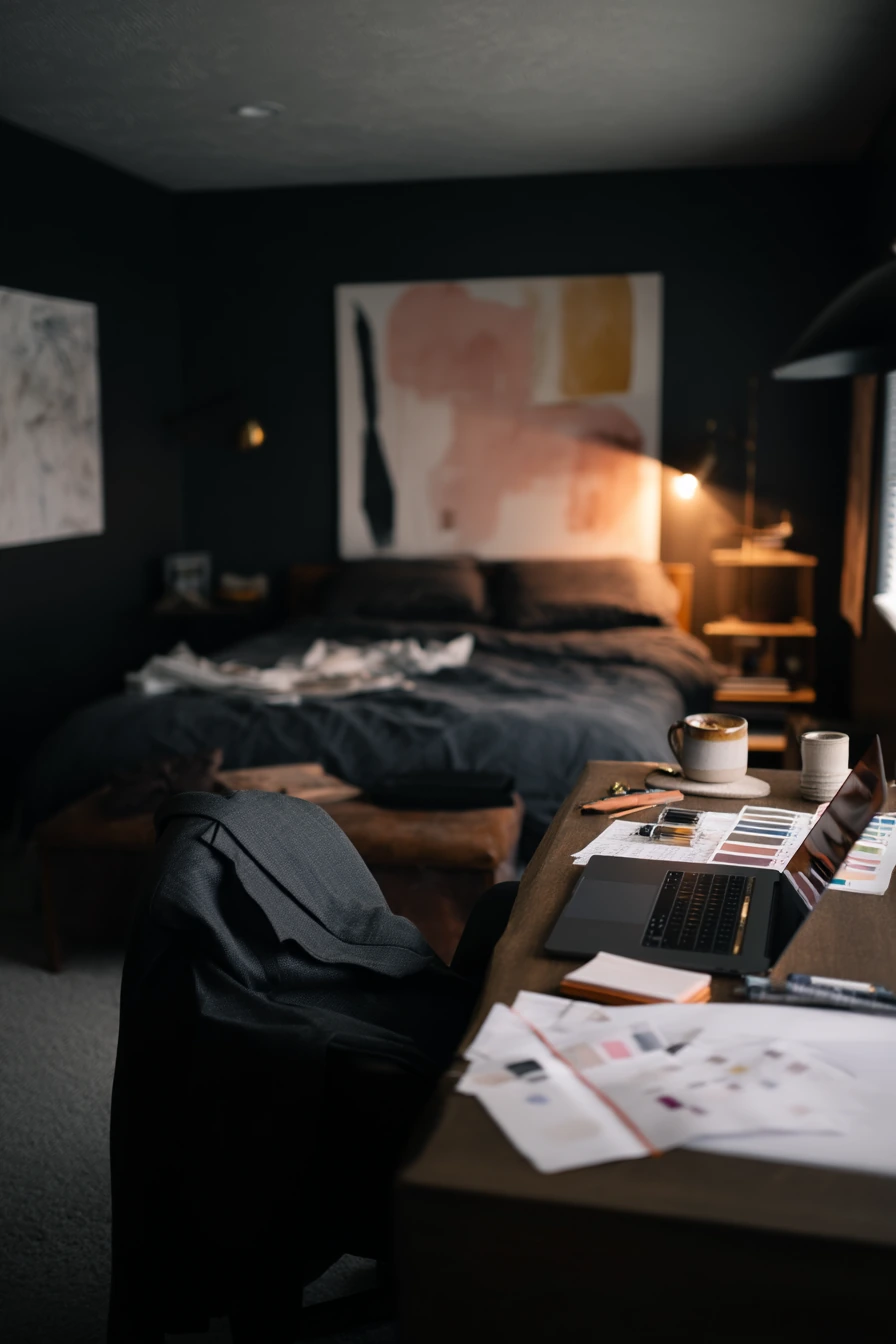 Black Bedroom for a Creative Professional