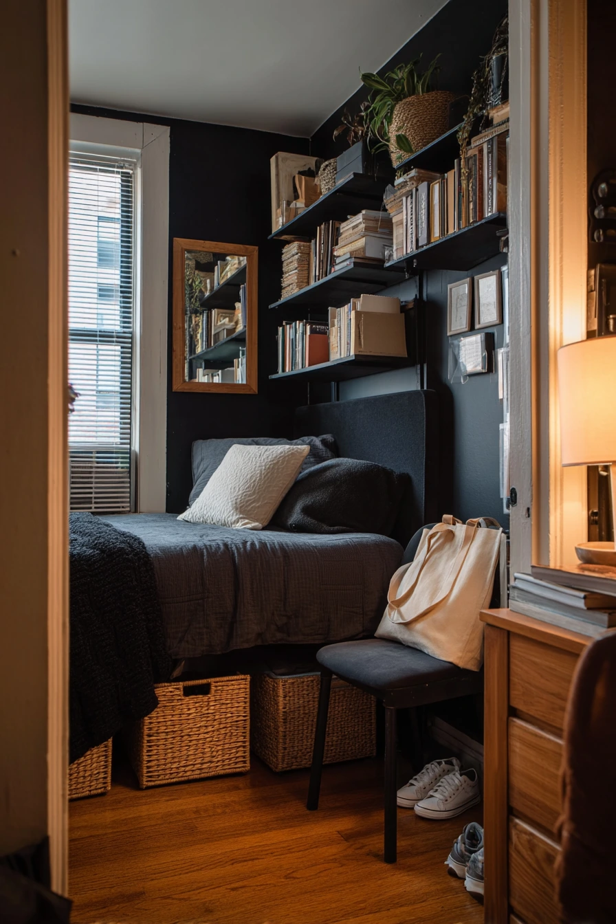 Small-Space Black Bedroom with Clever Storage