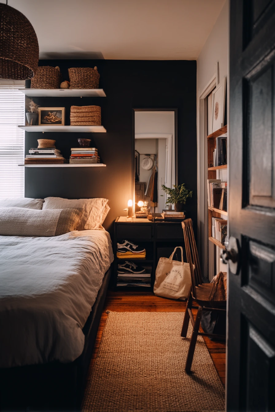 Small-Space Black Bedroom with Clever Storage