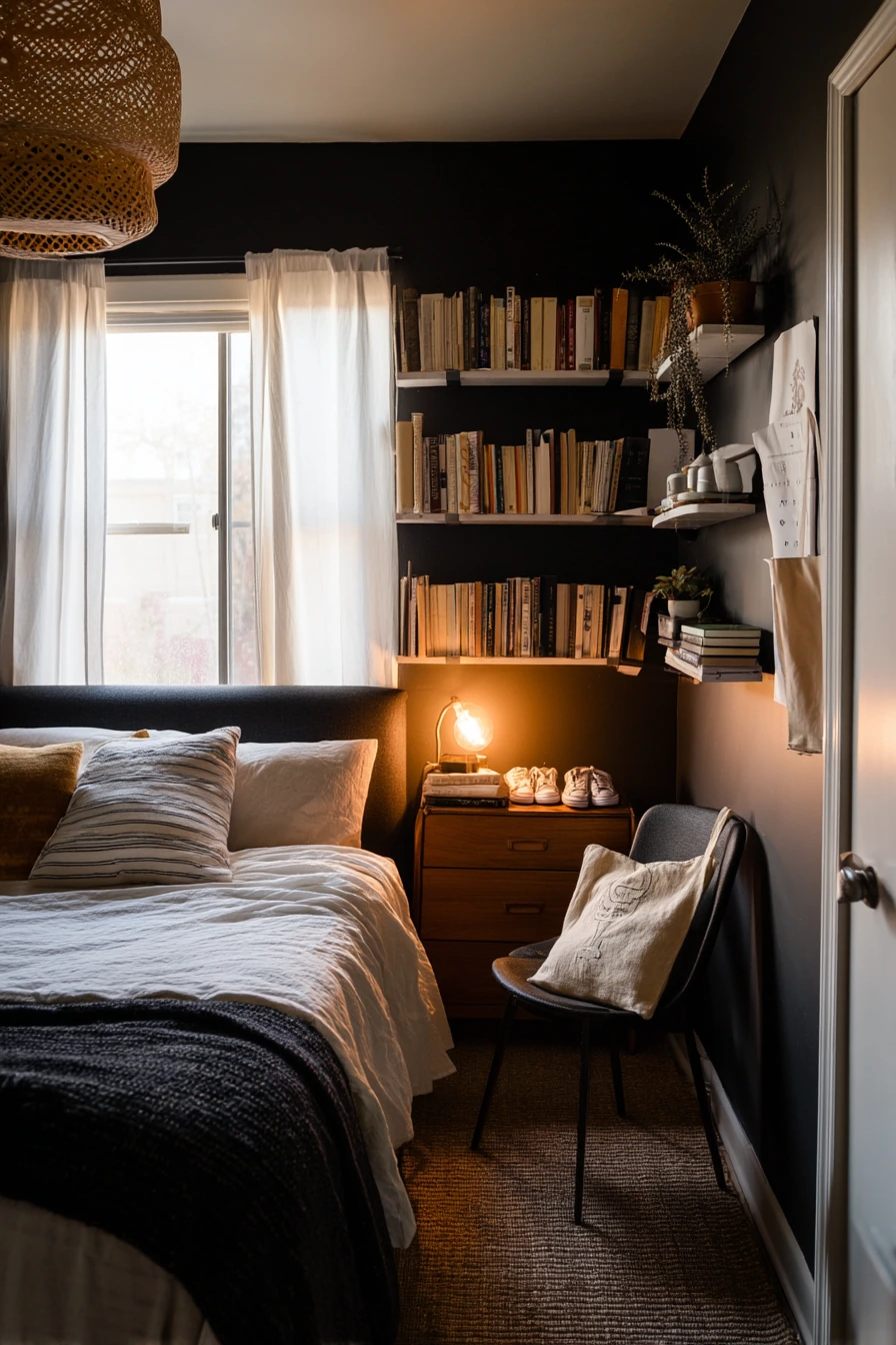 Small-Space Black Bedroom with Clever Storage