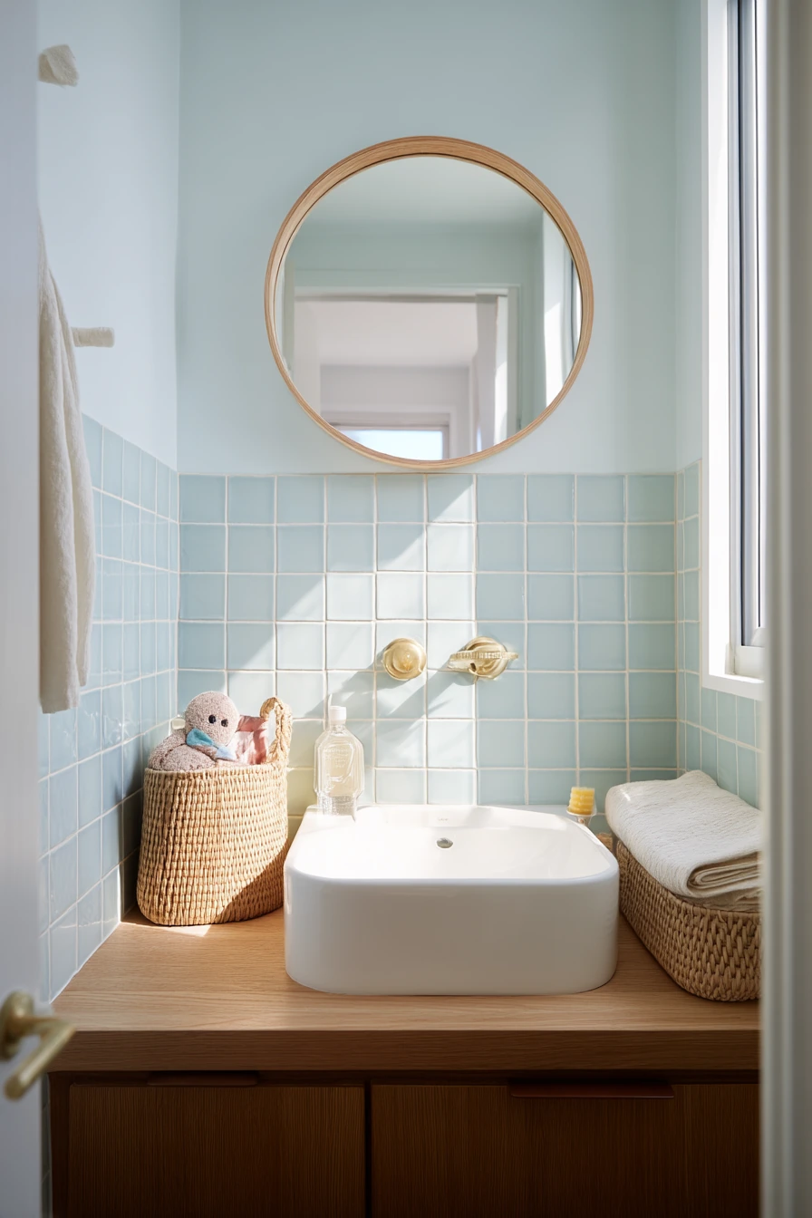 1. Small Blue Bathroom with Smart Storage