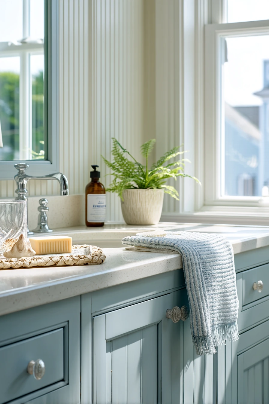 3. Coastal Blue Bathroom with Everyday Clutter