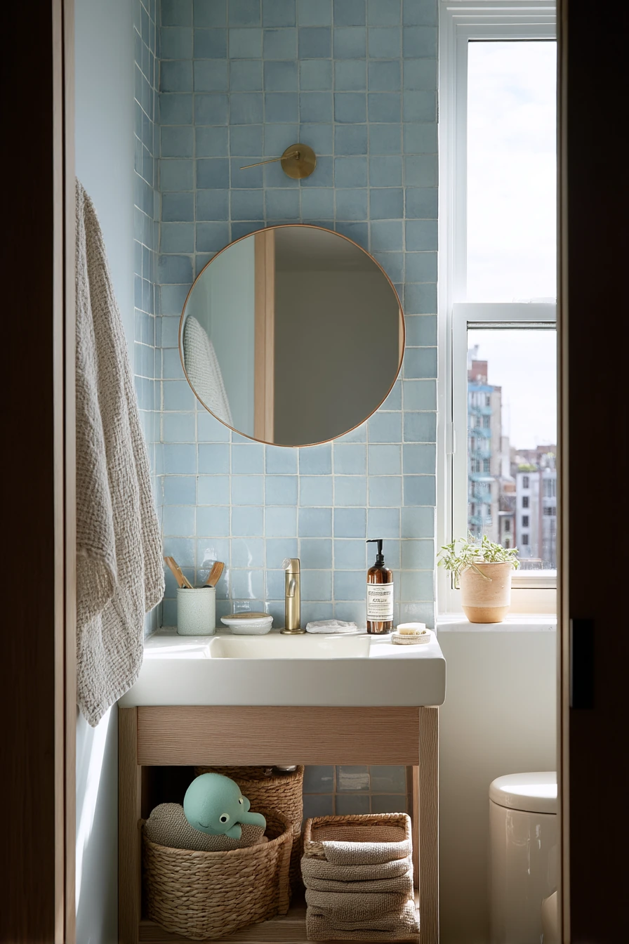 1. Small Blue Bathroom with Smart Storage
