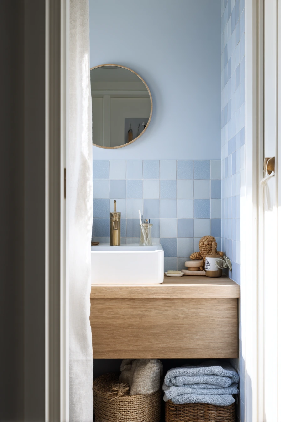 1. Small Blue Bathroom with Smart Storage