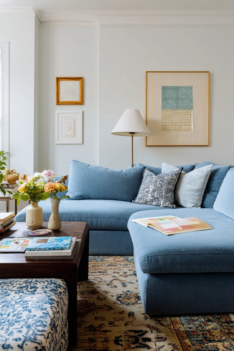 10. Eclectic Blue Living Room with Collected Finds