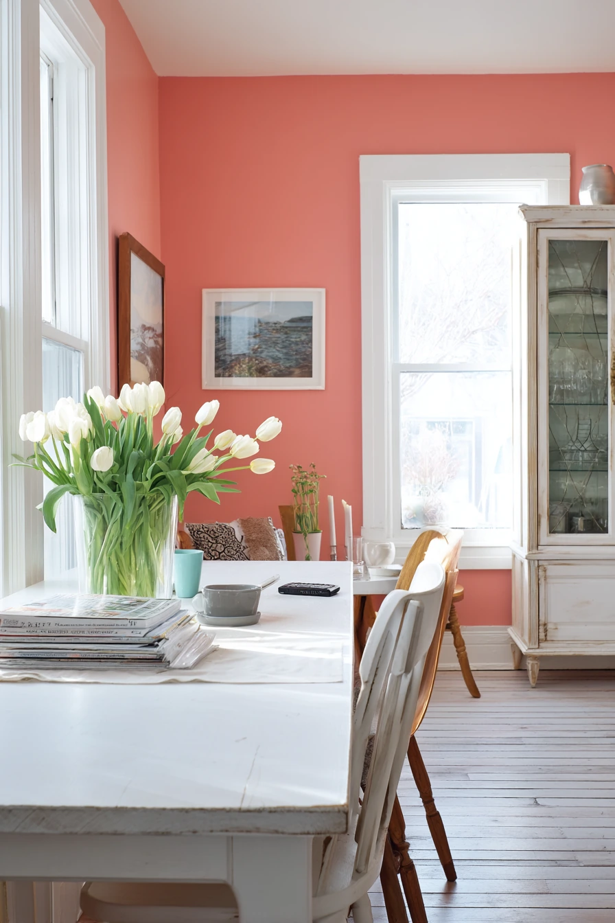 Sunlit White Dining Room with Color Pop