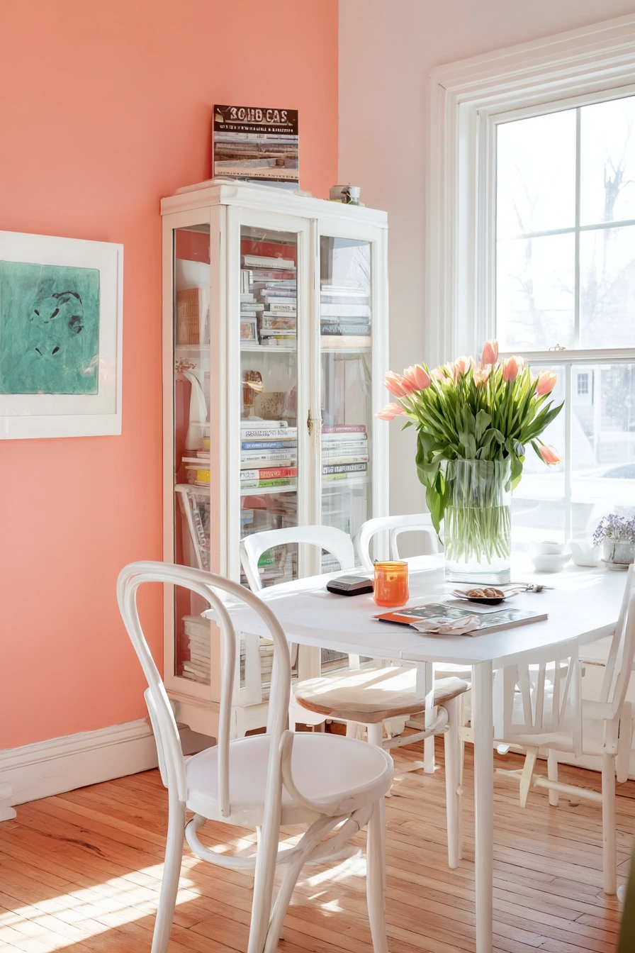 Sunlit White Dining Room with Color Pop