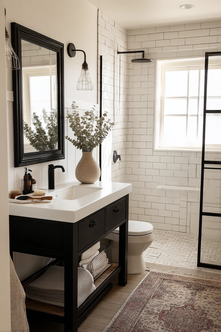 Cozy Farmhouse Bath with Black Accents