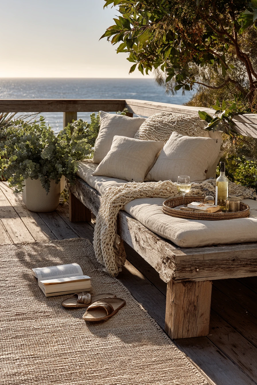 Coastal Deck Bench at Golden Hour