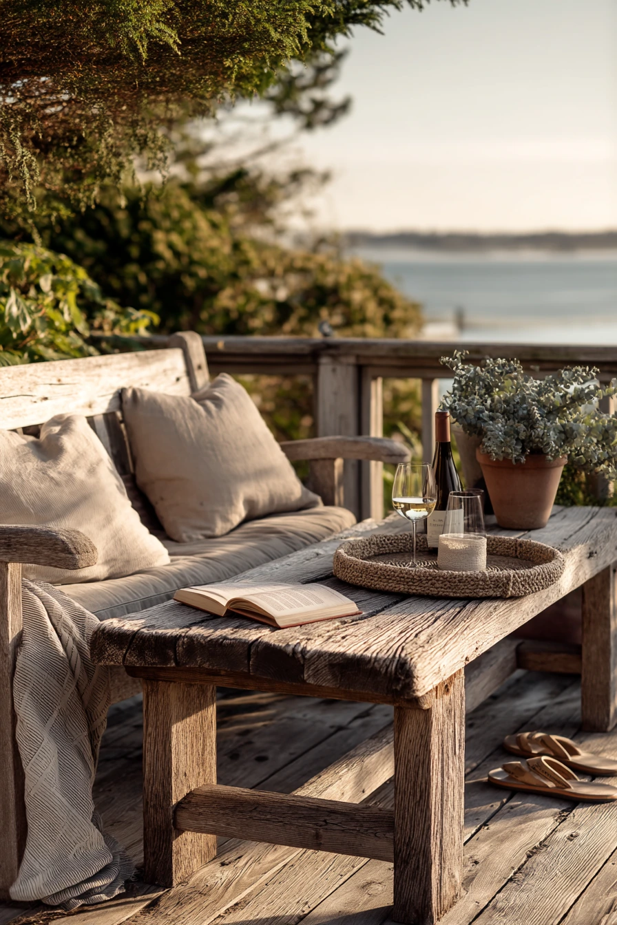 Coastal Deck Bench at Golden Hour