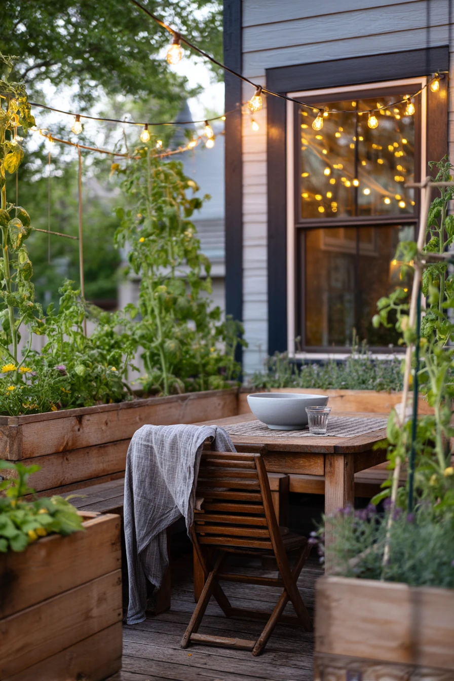 Backyard Dining Patio with Raised Planters