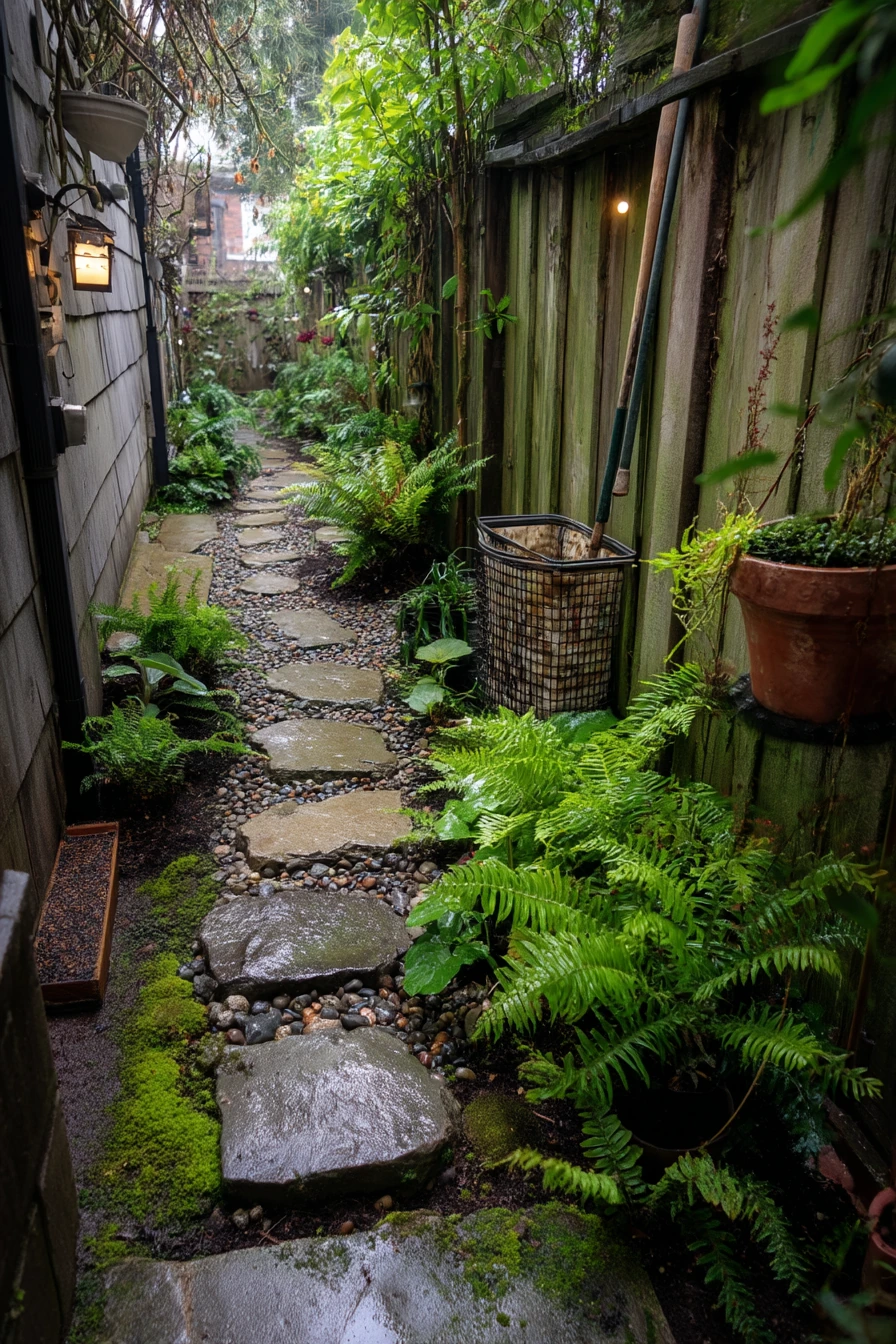 Shady Side Yard with Mossy Stepping Stones