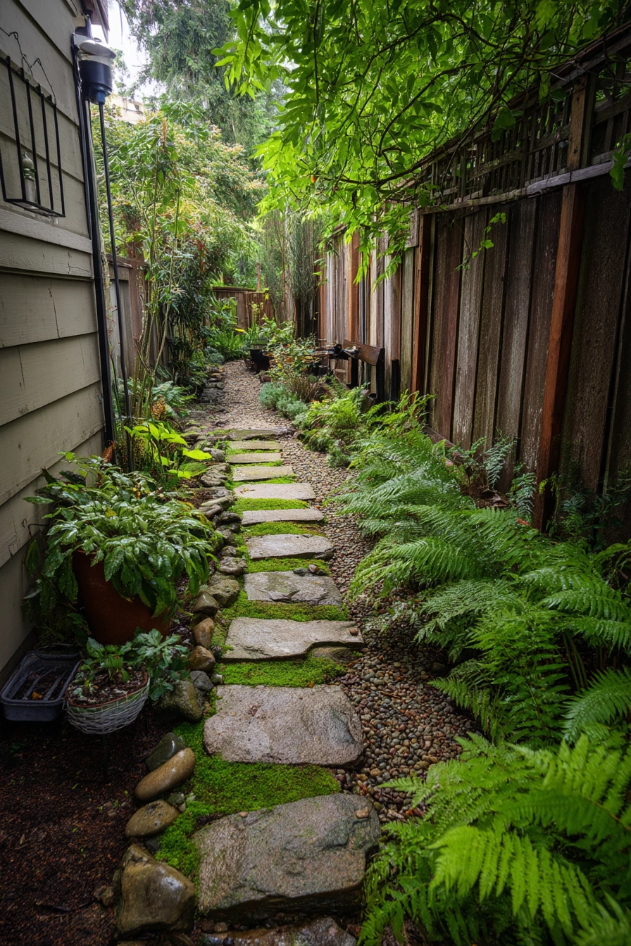 Shady Side Yard with Mossy Stepping Stones