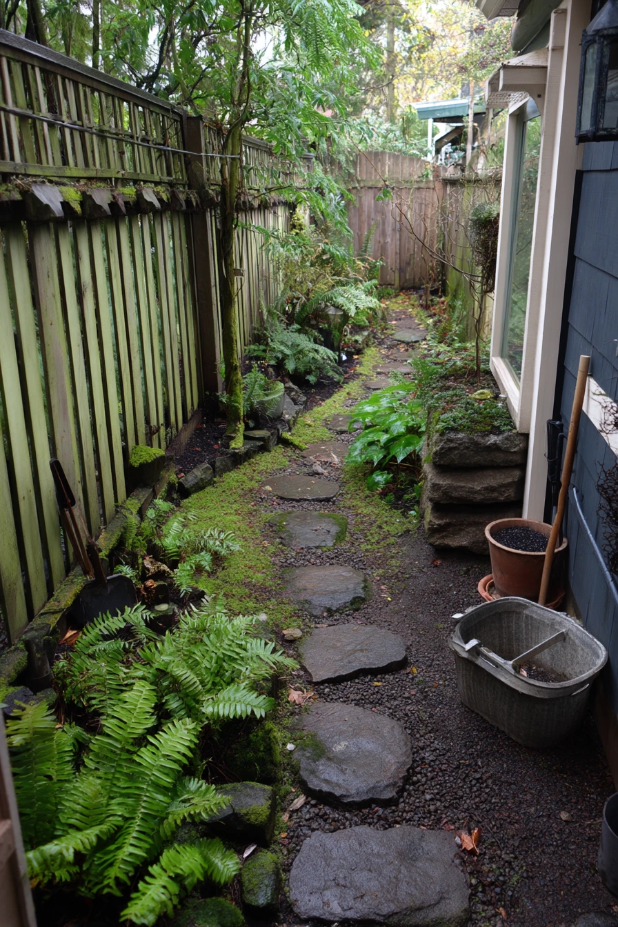 Shady Side Yard with Mossy Stepping Stones