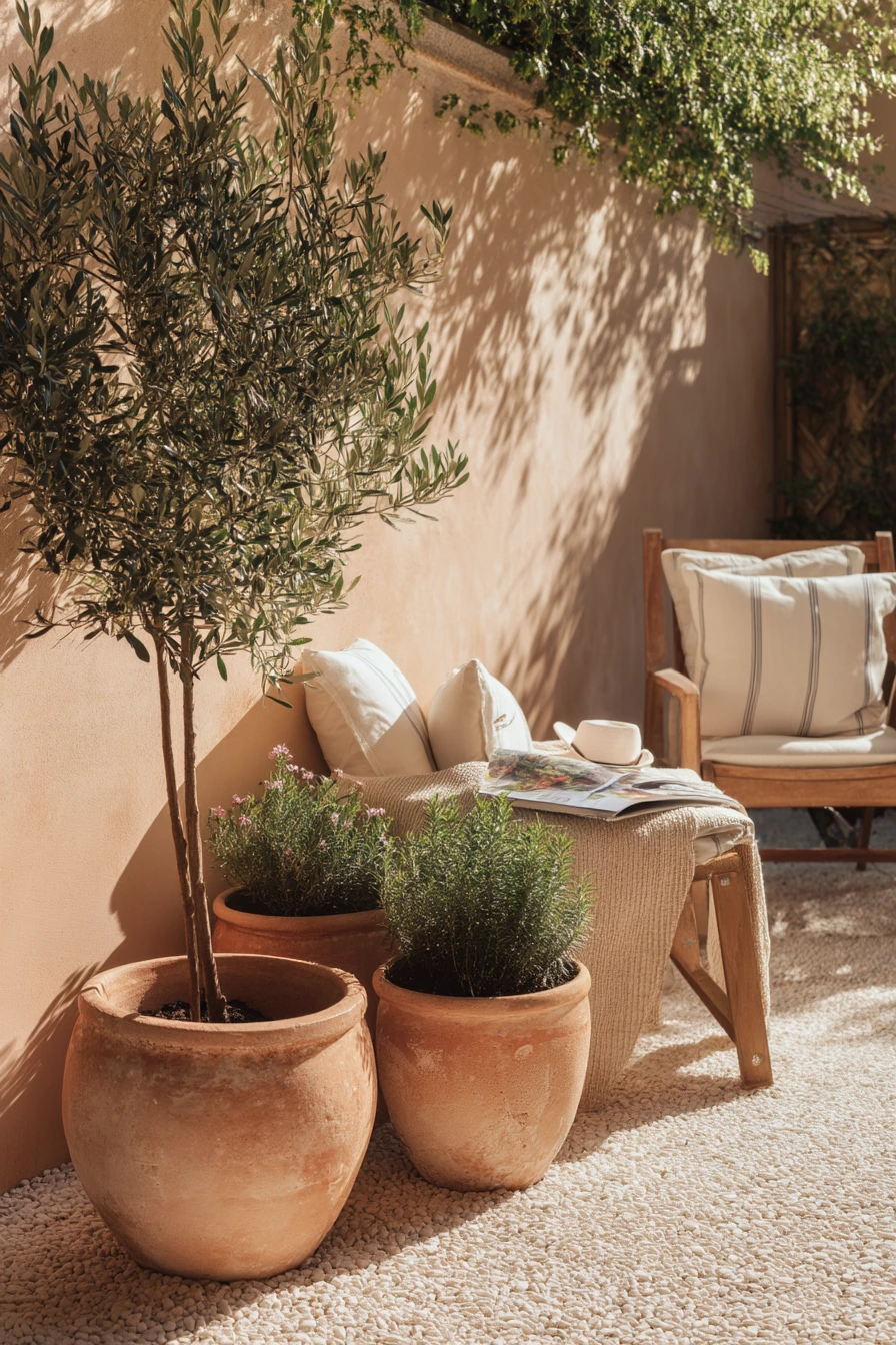 Mediterranean Terrace with Pots and Gravel