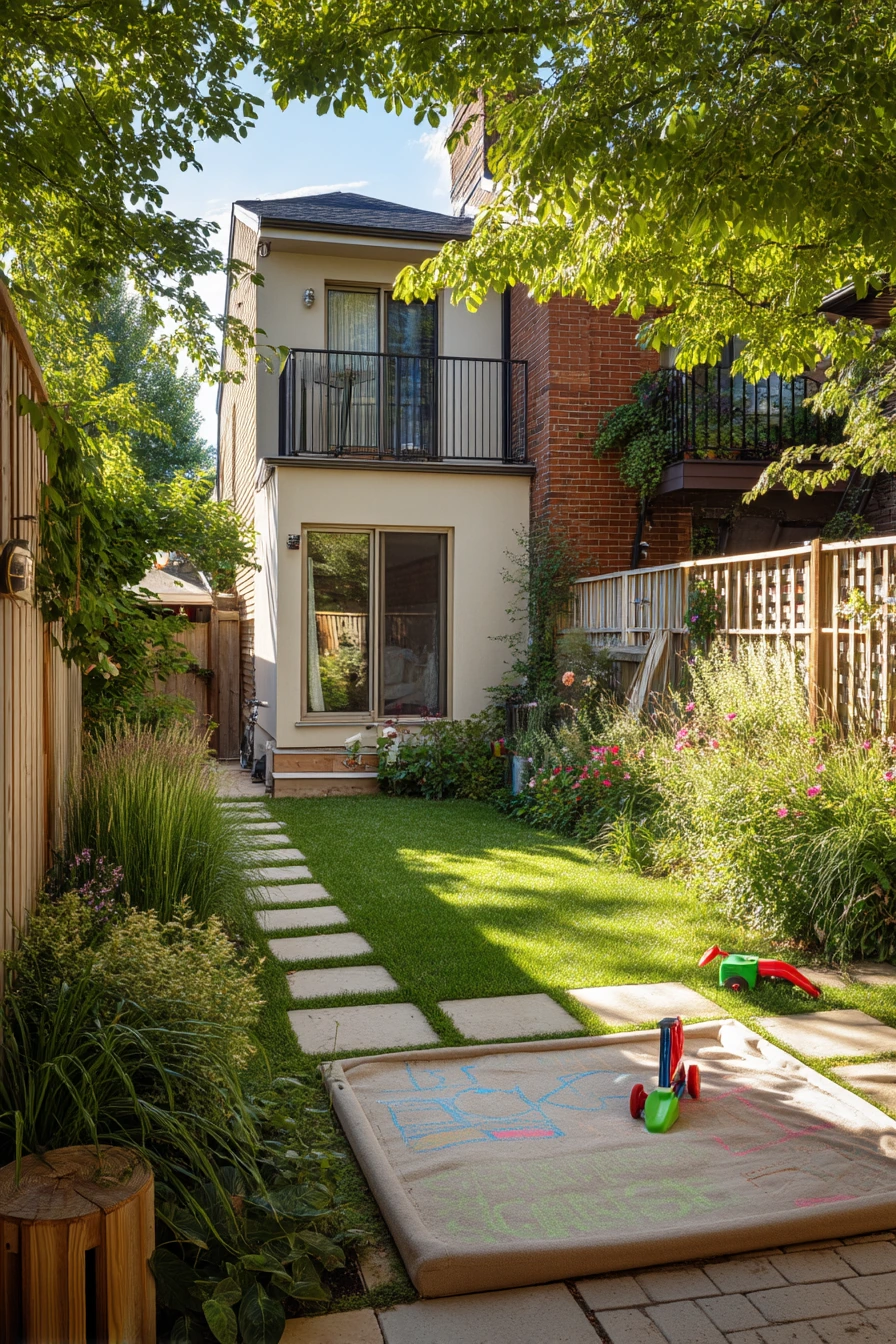 Tiny Townhouse Yard with Play Zone and Green Border