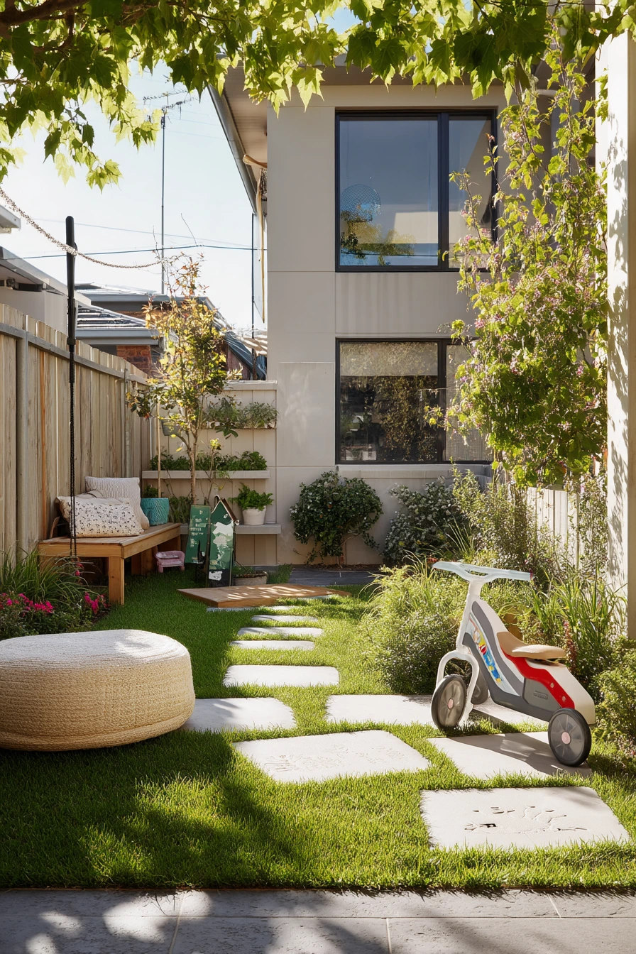 Tiny Townhouse Yard with Play Zone and Green Border