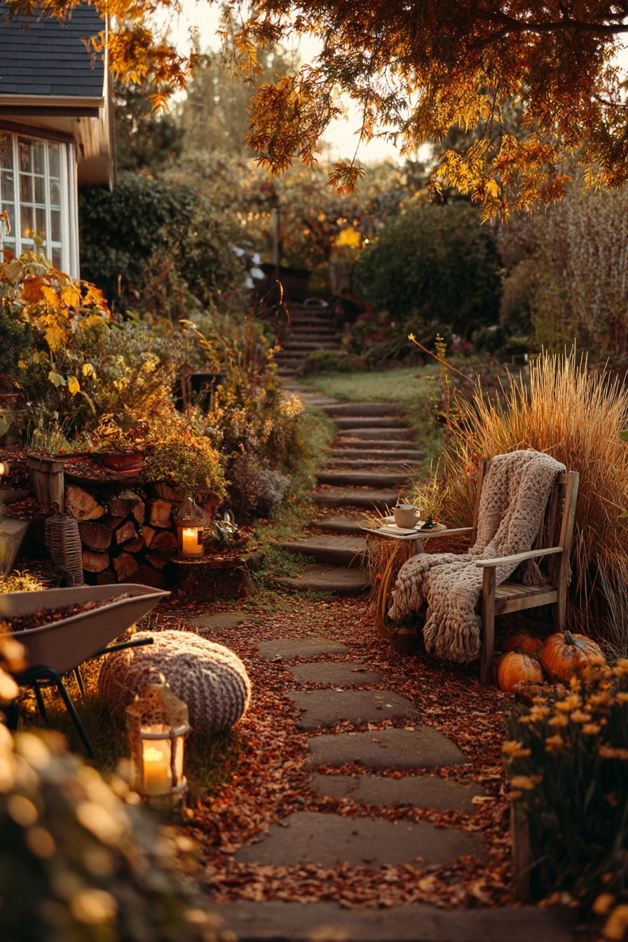 Seasonal Autumn Garden with Lantern Path