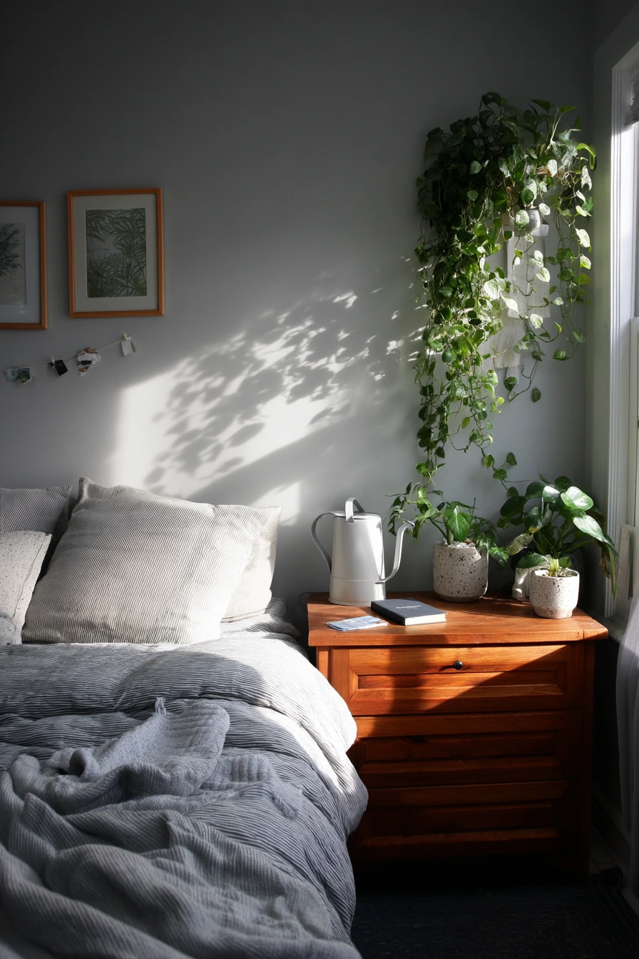 Gray Bedroom with Indoor Plants