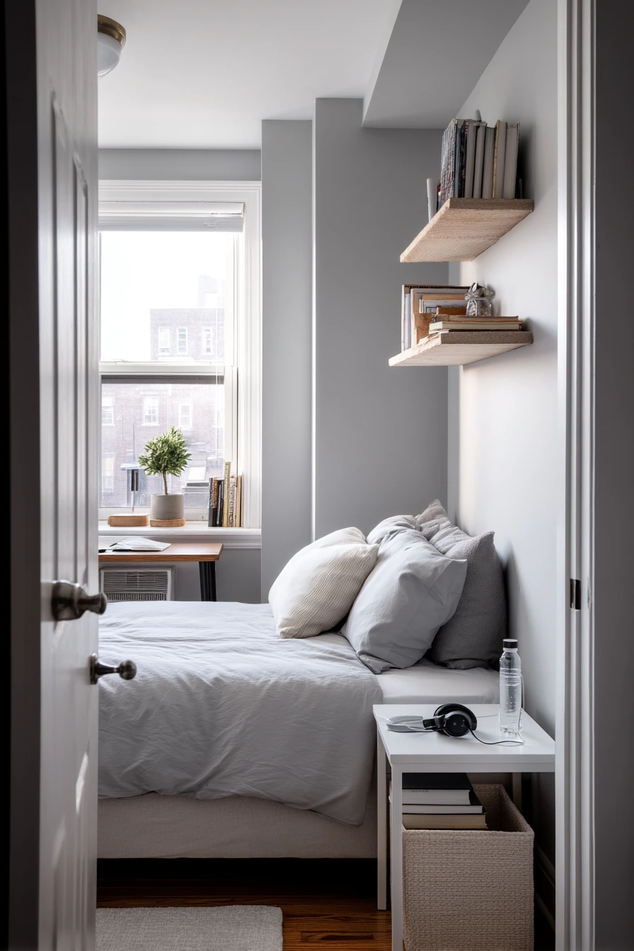 Small Gray Bedroom with Storage