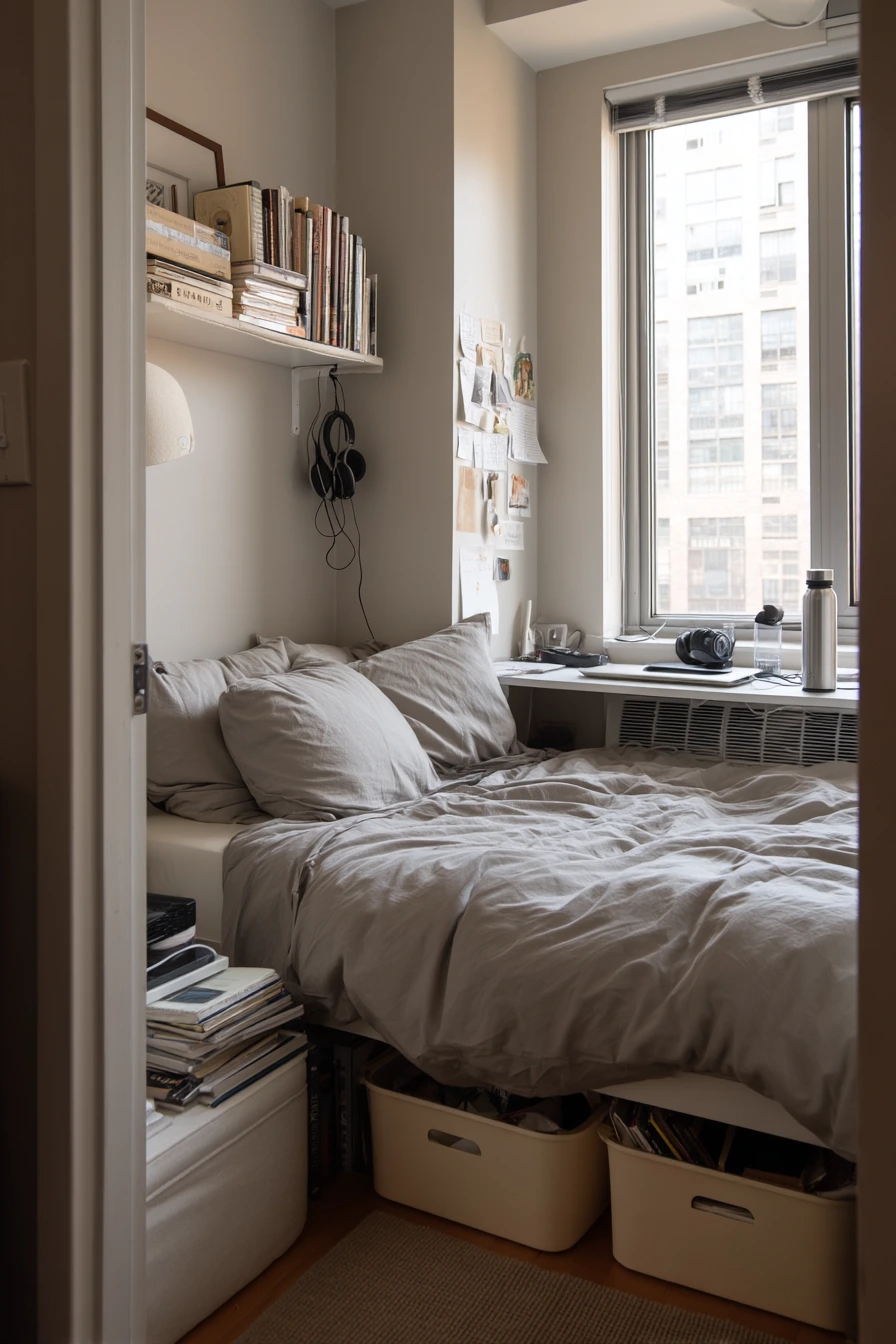 Small Gray Bedroom with Storage