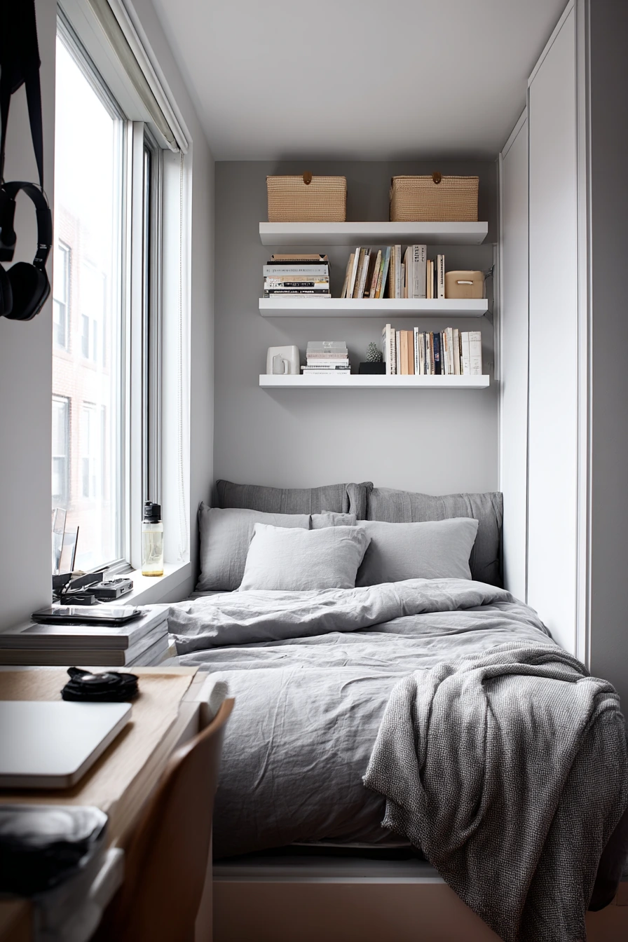 Small Gray Bedroom with Storage