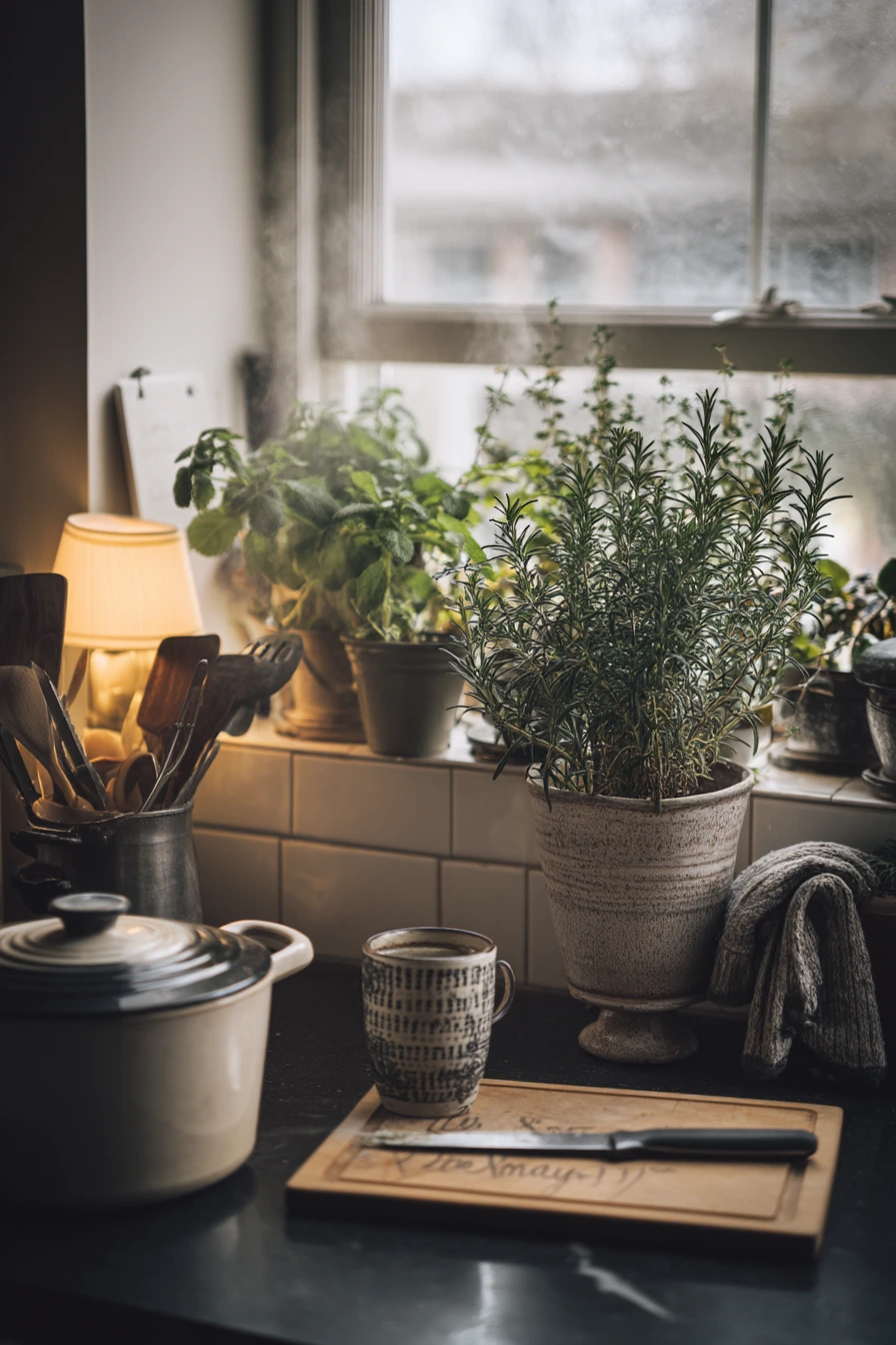 Winter Herb Garden by a Warm Kitchen Lamp