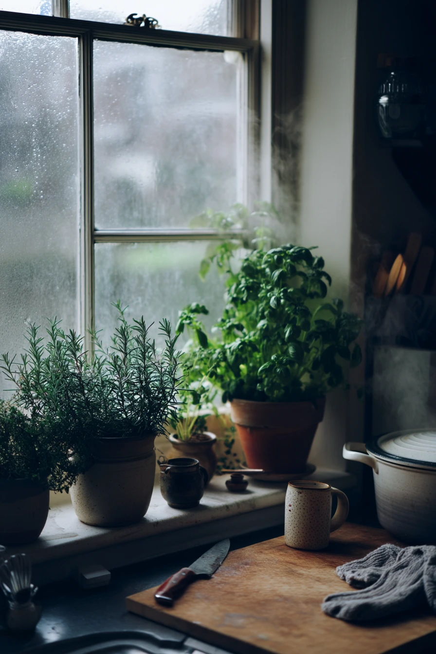 Winter Herb Garden by a Warm Kitchen Lamp