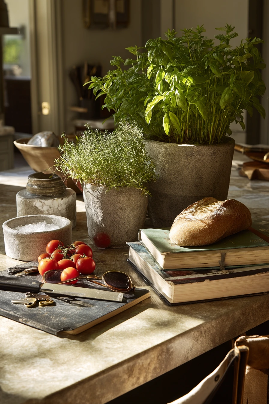 Kitchen Island Herb Garden with Rustic Cutting Board Display