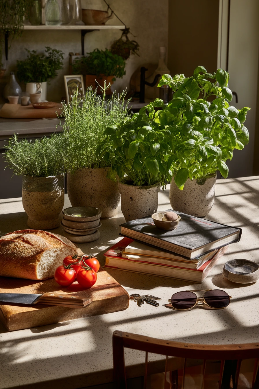 Kitchen Island Herb Garden with Rustic Cutting Board Display