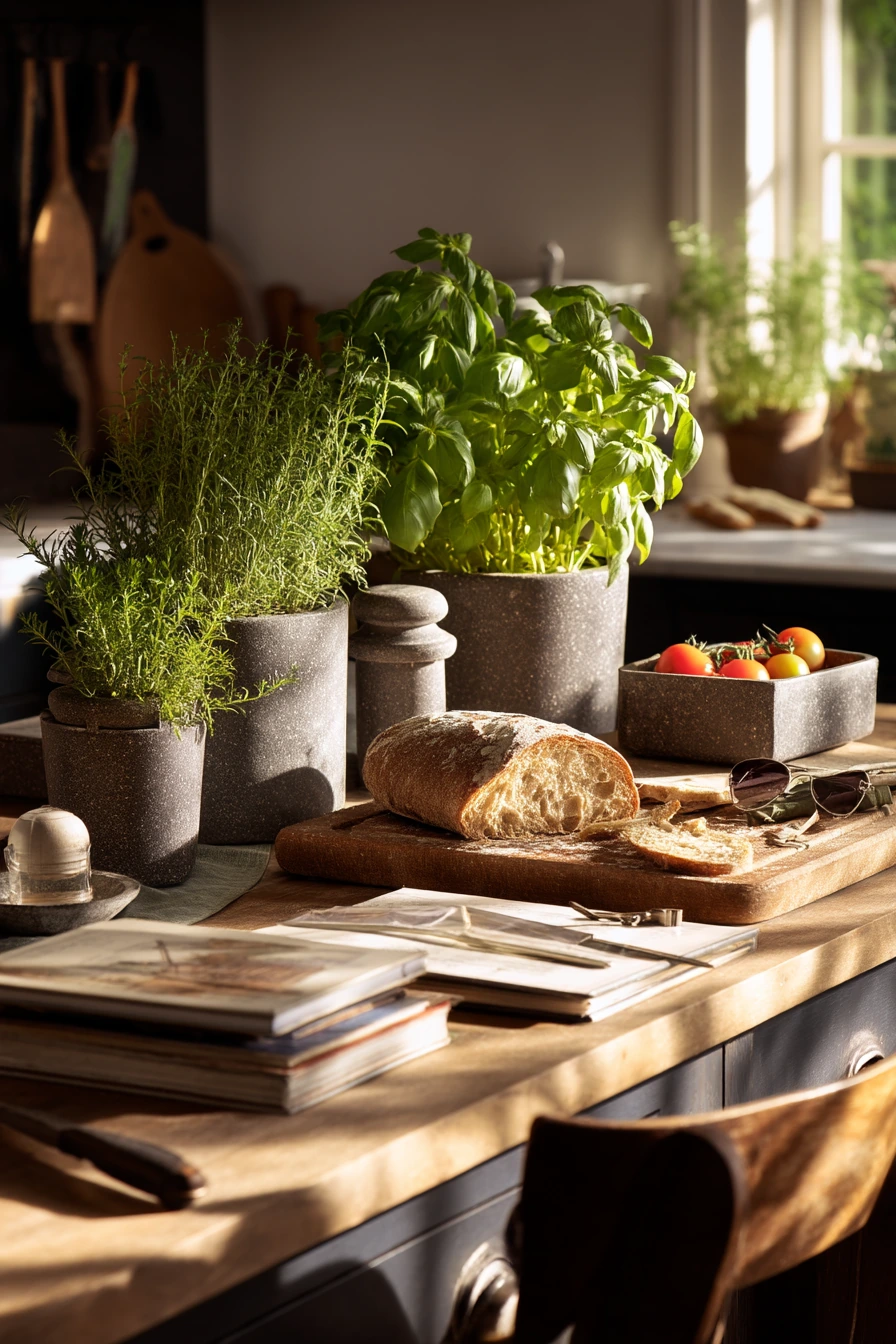 Kitchen Island Herb Garden with Rustic Cutting Board Display