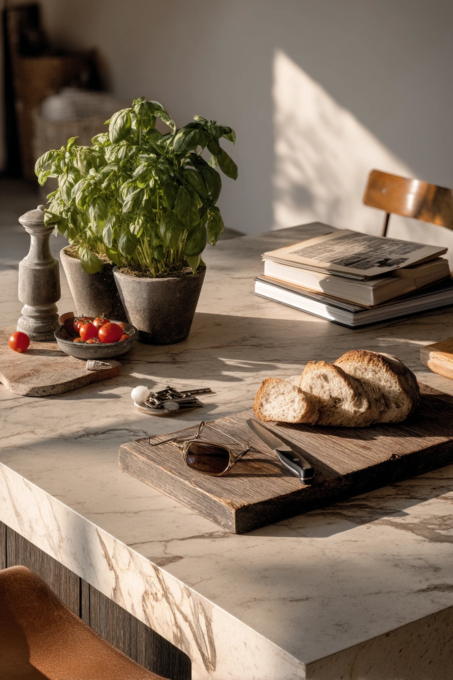 Kitchen Island Herb Garden with Rustic Cutting Board Display