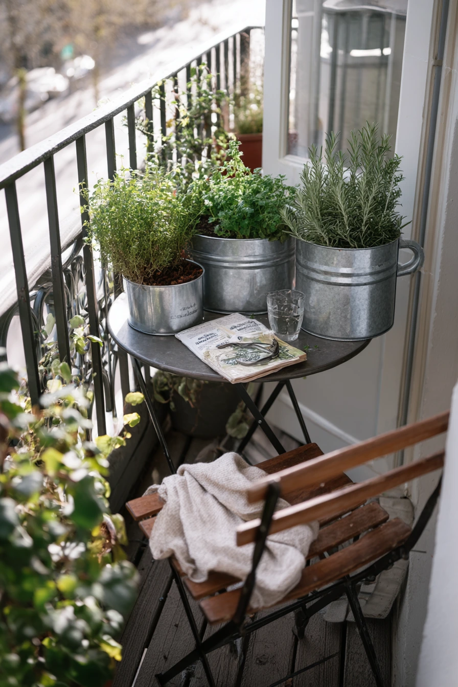 Compact Balcony Herb Garden with Folding Table