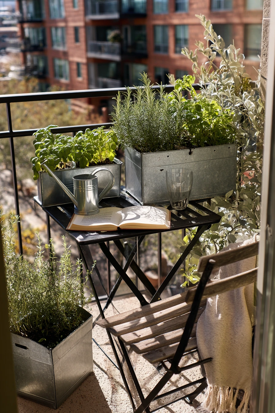 Compact Balcony Herb Garden with Folding Table